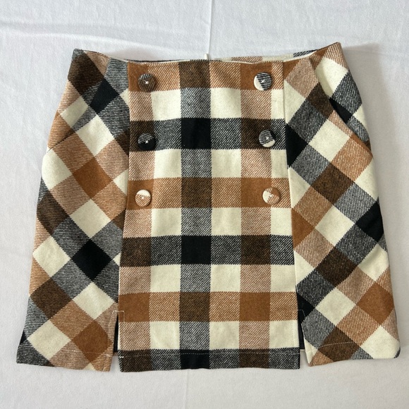 Forever 21 Wool Blend Plaid Mini Skirt Small Brown Button Detail Lined - Picture 3 of 9